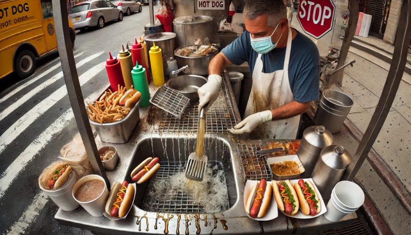 Washing Utensils On a Hot Dog Cart